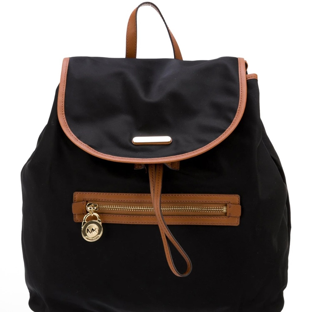 Michael Kors Black and Tan Backpack with Leather Accents